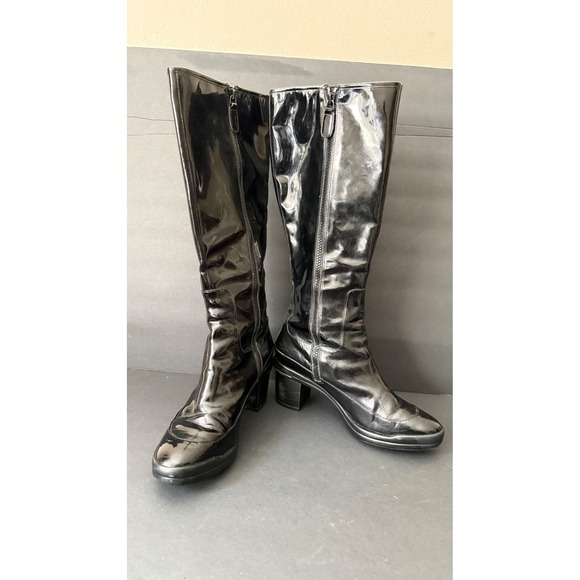 Cole Haan Black Patent Leather Knee High Zip Up Block Heel Boots 8B - Picture 1 of 8